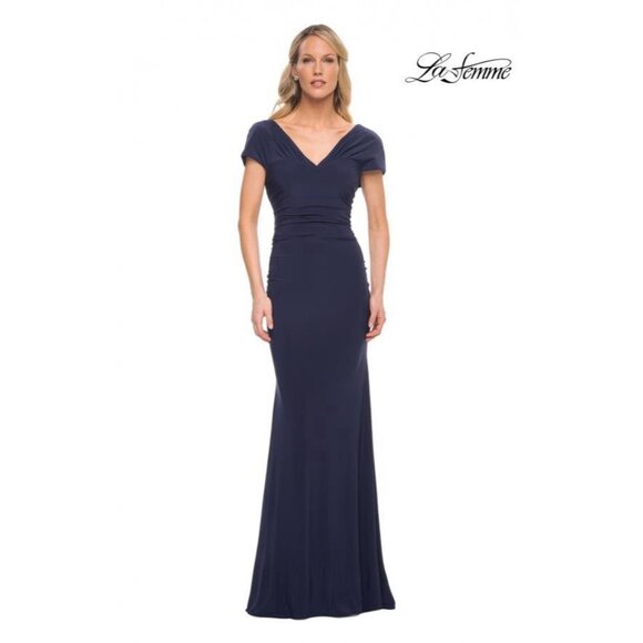 La Femme Womens Size 8 Navy Blue Jersey Evening Gown Maxi Dress Cocktail Wedding - Picture 2 of 12